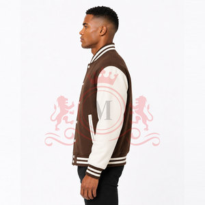 Stylish Daily Outfit Brown <b>White</b> Letterman <b>Jacket</b> Premium Soft Fabric Ribbed Hem Snap Closure - Product Image 4