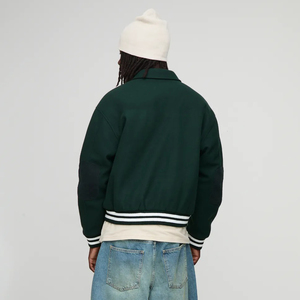 ผู้ผลิตเสื้อแจ็คเก็ตวาร์ซิตี้สีเขียวสำหรับผู้ชาย ขายส่ง ผ้าฝ้ายผสมขนสัตว์ 100% ปกคอพับ สีพื้น เสื้อคลุมลำลองสไตล์สตรีทแวร์สำหรับผู้ชาย - Product Image 6