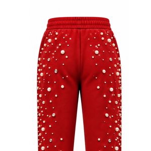 Red Pearl Beaded Jogger Pants Women Fashion Embellished <b>Drawstring</b> Sweatpants Luxury Casual Streetwear Fleece <b>Trousers</b> - Product Image 4