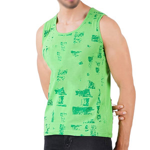 Men's Green Sleeveless Tank Top O-Neck Printed Casual Breathable Knitted Style - Product Image 1