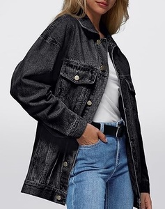 Chaquetas de mezclilla para mujer, diseño de moda nuevo, personalizadas, vintage, lavadas, negras, con efecto desgastado por el sol, holgadas, de gran tamaño, de mezclilla gruesa - Product Image 5