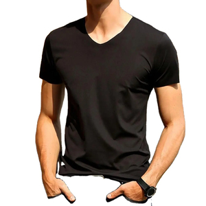 T-shirt col V en coton de qualité personnalisé pour homme, manches courtes, coupe classique, hauts tendance, couleur unie, tissu 100 % tricoté, logo frontal - Product Image 4