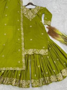 Women's <b>Green</b> <b>Silk</b> Traditional Indian/Pakistani Ethnic Kurti Sharara Suit Mirror Work Embroidery Quick Dry Fabric for Wedding - Product Image 2