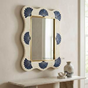 Rectangular Bohemian Wall <b>Mirror</b> With Black And <b>White</b> Floral <b>Frame</b> Handmade Wooden Decorative Design - Product Image 5