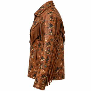 Printed Coyote Desert Pattern <b>Leather</b> Fringe <b>Jacket</b> <b>Mens</b> Custom <b>Brown</b> Cowhide Vintage Western Biker Coat OEM ODM Manufacturer - Product Image 4