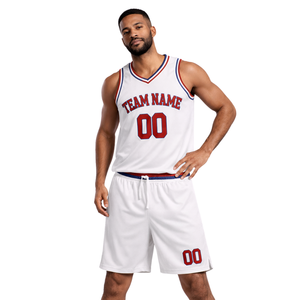 Conjunto de Uniforme de Baloncesto Retro Personalizado en Blanco con Cuello Rojo y Azul, Jersey y Pantalones Cortos a Juego, Nombre y Número del Equipo - Product Image 1