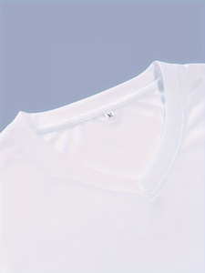 Mens <b>White</b> <b>V</b>-<b>Neck</b> 100% Polyester Slim Fit Short Sleeve Breathable Jersey Knit Casual Solid Color Front Logo Tee - Product Image 4