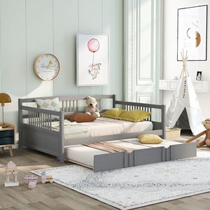 Set Letto per Bambini in Legno Grigio con Divano Letto Matrimoniale e Letto Estraibile Singolo - Product Image 1