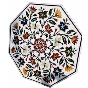 Table à manger rectangulaire en marbre blanc avec un motif floral bleu roi audacieux au centre et une bordure incrustée assortie, en gros. - Product Image 6