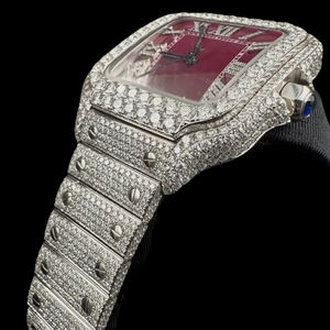 นาฬิกาข้อมือผู้ชายสุดหรู ดีไซน์ฮิปฮอป หน้าปัดสีแดงปรับแต่งได้ ประดับเพชรโมอิสซาไนต์เต็มหน้าปัด ตัวเลขโรมัน สวยงาม - Product Image 3