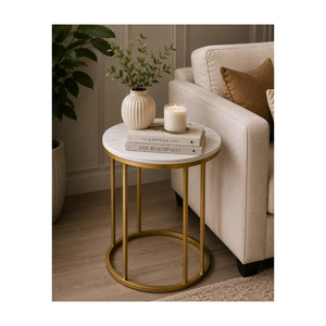 Table d'appoint moderne en métal, table d'appoint ronde avec plateau en marbre, design élégant et nouveau, table de salon, table de chambre à coucher - Product Image 5