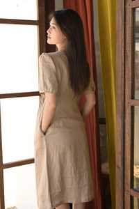 V-Neck Pleated Linen Midi <b>Dress</b> With Button Closure Cap Sleeve Casual <b>Loose</b> Fit Solid Color Spring Breathable Woven <b>Dress</b> - Product Image 3