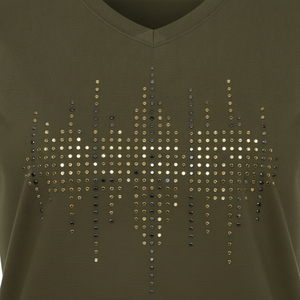 Camiseta Verde Oliva con Cuello en V para Mujer, con Diseño de Ondas Sonoras con Pedrería Dorada - Camiseta Casual de Verano de Manga Corta y Corte Ajustado - Product Image 5