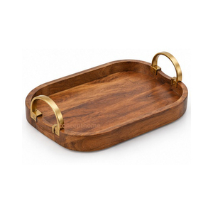 Plateau de rangement rectangulaire classique en bois avec poignées en laiton à motif floral, finition vernie, pour table, à un seul niveau - Product Image 4