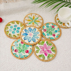 Natural Rattan Inlay <b>Woven</b> Flower Classic Style Drink <b>Coasters</b> Handmade Cup Mat TUYET DUNG Brand Made in Vietnam - Product Image 2