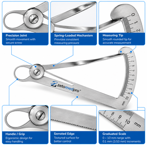 เครื่องวัดความหนา Iwanson Spring Dental Caliper สำหรับวัดความหนาของโลหะ ขี้ผึ้ง และพอร์ซเลน ผลิตจากสแตนเลสสตีล ผิวซาติน ZetomedPro - Product Image 5