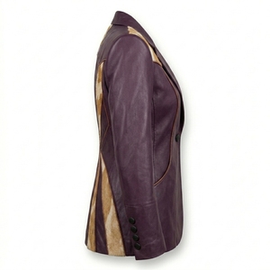 Purple Genuine <b>Leather</b> Cowhide Fur Blazer Jacket <b>Womens</b> Western Hair On Hide Tailored Coat Manufacturer <b>Top</b> Supplier - Product Image 3
