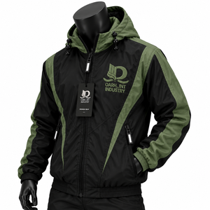 OARH_INT INDUSTRY Herren Windbreaker-Jacke mit Kapuze Grün Schwarz Winddicht Lässig Reißverschluss Besticktes Logo Herbstbekleidung - Product Image 4