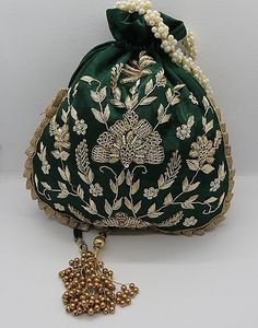 Indian Traditional Silk Embroidery Bead Potli Bag Handcrafted Bridal <b>Handbag</b> Festive Pearl <b>Sequins</b> Ladies Party Purse Luxury - Product Image 5