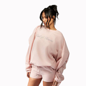 เสื้อสเวตเชิ้ตโอเวอร์ไซส์สีชมพูสำหรับผู้หญิง แบรนด์ OEM ประดับตัวอักษรด้วยคริสตัล คอกลม แขนยาว ผ้าฟลีซเนื้อนุ่ม ทรงหลวม สไตล์สตรีทแวร์ - Product Image 5