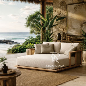 Chaise longue d'extérieur en bois avec dossier et fonction inclinable – Mobilier de piscine de style tropical - Product Image 3