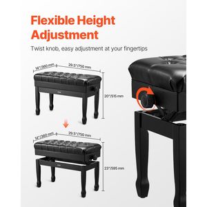 Sedia per Pianoforte Duet con Altezza Regolabile 20.3-23.4 pollici, Panca per Pianoforte 29.5 x 14 x 20.3 pollici con Cuscino Imbottito e Scomparti Portaoggetti - Product Image 4