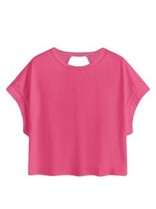 Crop top rose pour femme, manches courtes, col rond, coupe ample, tricot en coton, décontracté, printemps été, couleur unie - Product Image 6
