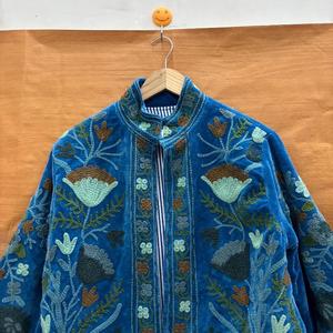 Chaqueta de Terciopelo Bordada para Mujer, Estilo Vintage, Floral, Boho, Azul, Prenda Exterior de Estilo Étnico - Product Image 2