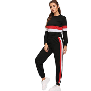 Women's Black Striped <b>Tracksuit</b> Set Long Sleeve Crew Neck Sweatshirt Joggers Full Length Elastic Waist Side Pockets Sporty - Product Image 1