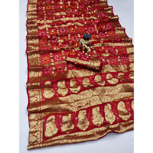 Premium Art Silk Bandhani Gharchola Pattern <b>Saree</b> for Women Traditional Gujarati Bandhej Design Ethnic Wear Rich Zari Checks - Product Image 1