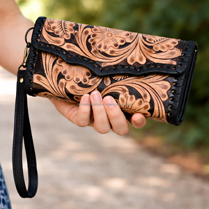 Fashionable Women's Clutch Floral <b>Tooled</b> Genuine Cowhide <b>Leather</b> Luxury Ladies Handcrafted Western Style Wristlet Wallet Purse - Product Image 5