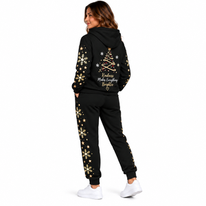 Ensemble de survêtement de Noël pour femmes, sweat-shirt à capuche et pantalon de jogging, imprimé flocon de neige noir et or, tenue décontractée d'hiver, ensemble deux pièces - Product Image 5