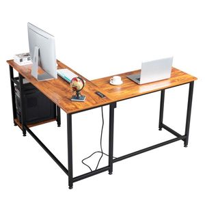 L-Shaped Tiger Wood Desktop Computer Desk with Power Outlets and Shelf - Product Image 6