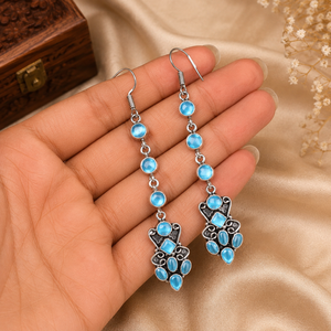 Pendientes Largos de Piedra Azul Estilo Boho Tribal de Moda al por Mayor |   Proveedor Mayorista de Pendientes Étnicos Antiguos Plateados al por Mayor - Product Image 4