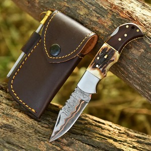 Nordic Forge Copper Damascus Steel Industrial Grade Folding <b>Knife</b> Back <b>Lock</b> STag & Rosewood Handle Pocket Clip Sheath OEM EDC - Product Image 4
