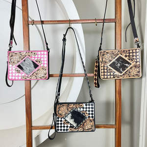 Bolsos de Hombro Pequeños de Cuero Hechos a Mano de Alta Calidad, Piel de Vaca y Patrón a Cuadros, Estilo Occidental, Bolso Cruzado Cuadrado con Correa para la Muñeca - Product Image 5