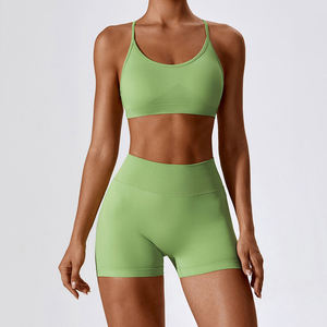 Conjunto de Shorts de Yoga de Cintura Alta de Dos Piezas con Logotipo Frontal Sólido Personalizado para Mujer, Ropa Deportiva de Verano - Product Image 1