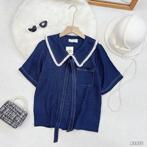 Women Formal Work Blouse with Short Sleeve Layered Sailor Collar and Bow Tie Solid Woven Simple <b>Top</b> ODM - Product Image 4
