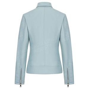 Chaqueta Safari de Cuero PU Azul Claro para Mujer, Cuello Camisero, Cierre de Cremallera, Manga Larga, Color Sólido, Corte Regular, Estilo Invernal - Product Image 3
