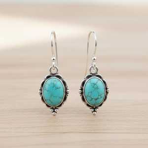 Pendientes colgantes ovalados de turquesa, plata de ley, estilo bohemio occidental, joyería con piedras preciosas para mujer, regalo - Product Image 1
