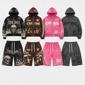 Custom Oversized Graphic Zip Up Hoodie and Shorts <b>Set</b> Unisex Streetwear Tracksuit <b>Matching</b> 2 Piece <b>Jogger</b> <b>Set</b> - Product Image 2