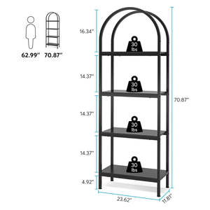 Étagère à livres moderne à 5 niveaux en métal cintrée avec structure en acier noir pour salon, bureau, maison, présentation et rangement - Product Image 6