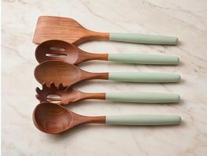 Wooden <b>Cooking</b> <b>Utensil</b> Set With Green <b>Silicone</b> Handles Minimalist Design Reusable Kitchen Tools For Catering Use And Hotel Use - Product Image 3