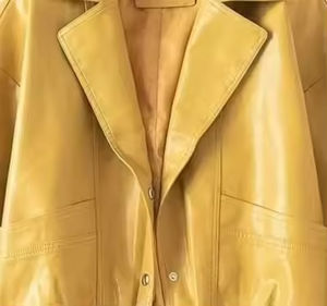 Chaqueta de Cuero Premium Transpirable de Alta Calidad para Mujer, Color Amarillo, Mangas Plisadas, Corte Holgado, Chaqueta de Cuero Puro, 2026 - Product Image 3
