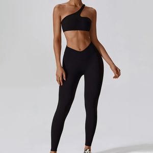 Women Yoga Set One Shoulder <b>Crop</b> <b>Top</b> High Waist Leggings Solid Black 2 Piece Activewear Full Length Four-Way Stretch - Product Image 4