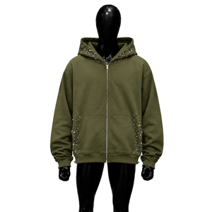 Sudadera con capucha para hombre, color verde oliva, con pedrería, con cremallera completa, estilo oversize, streetwear, casual, unisex, al por mayor - Product Image 1