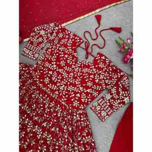 DISEÑADOR GEORGETTE BORDADO SECUENCIA TRABAJO VESTIDO INFERIOR CON DUPATTA ROJO - Product Image 3