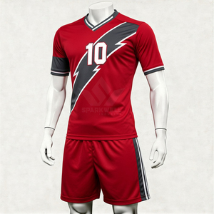Ensemble de maillots de football personnalisés pour hommes, couleur rouge, col en V, manches courtes, impression sublimée, polyester respirant, uniforme d'équipe de football - Product Image 2