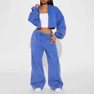 ชุดเซ็ตเสื้อฮู้ดซิปแบบครอปและกางเกงขายาวทรงตรง สไตล์วินเทจ พร้อมปักโลโก้ตามสั่ง ผ้าฝ้าย 100% สำหรับผู้หญิง - Product Image 1