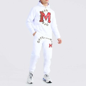 Men's <b>White</b> Hooded Sweatshirt Set Solid Color Casual <b>Jogger</b> Pants Full Tracksuit Breathable Winter Wear - Product Image 1